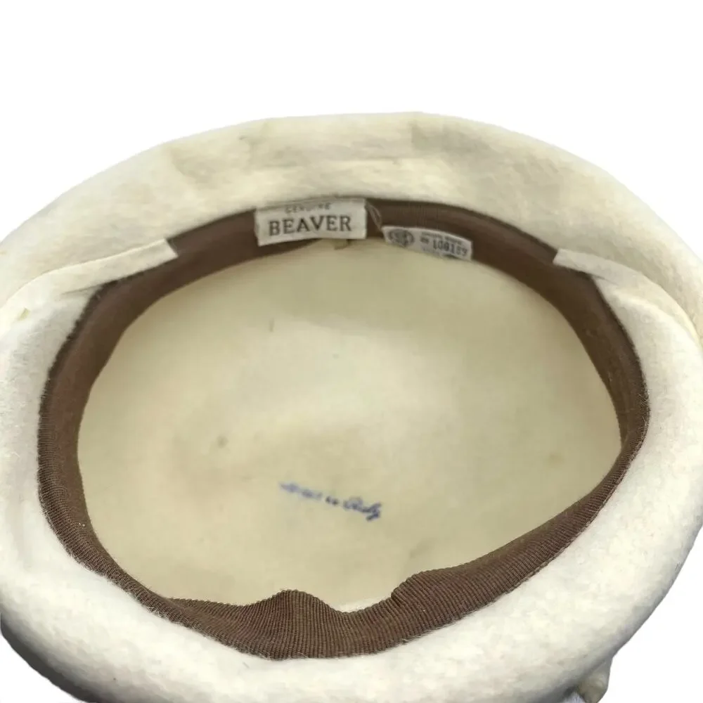 Beaver Fur Cap Hat Mushroom Cream Made in USA & Italy Midcentury Women SZ 7 - Picture 6 of 12